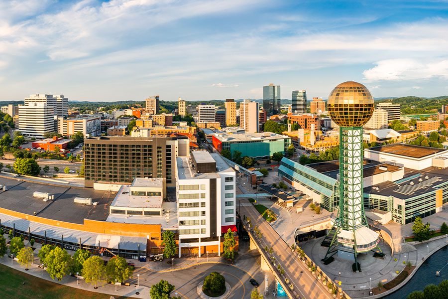 Knoxville, TN - Knoxville, Tennessee Skyline on a Late Sunny Afternoon, Viewed From Above Worlds Fair Park